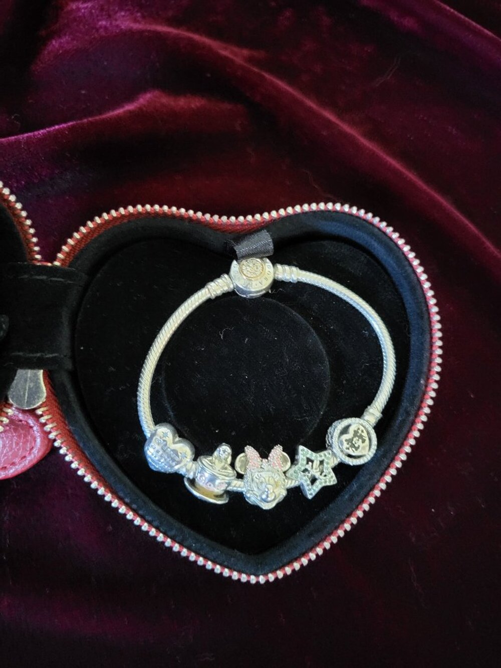 Authentic Pandora Disney 7" Bracelet 5 Sterling Silver Charms Mickey Minnie Tink